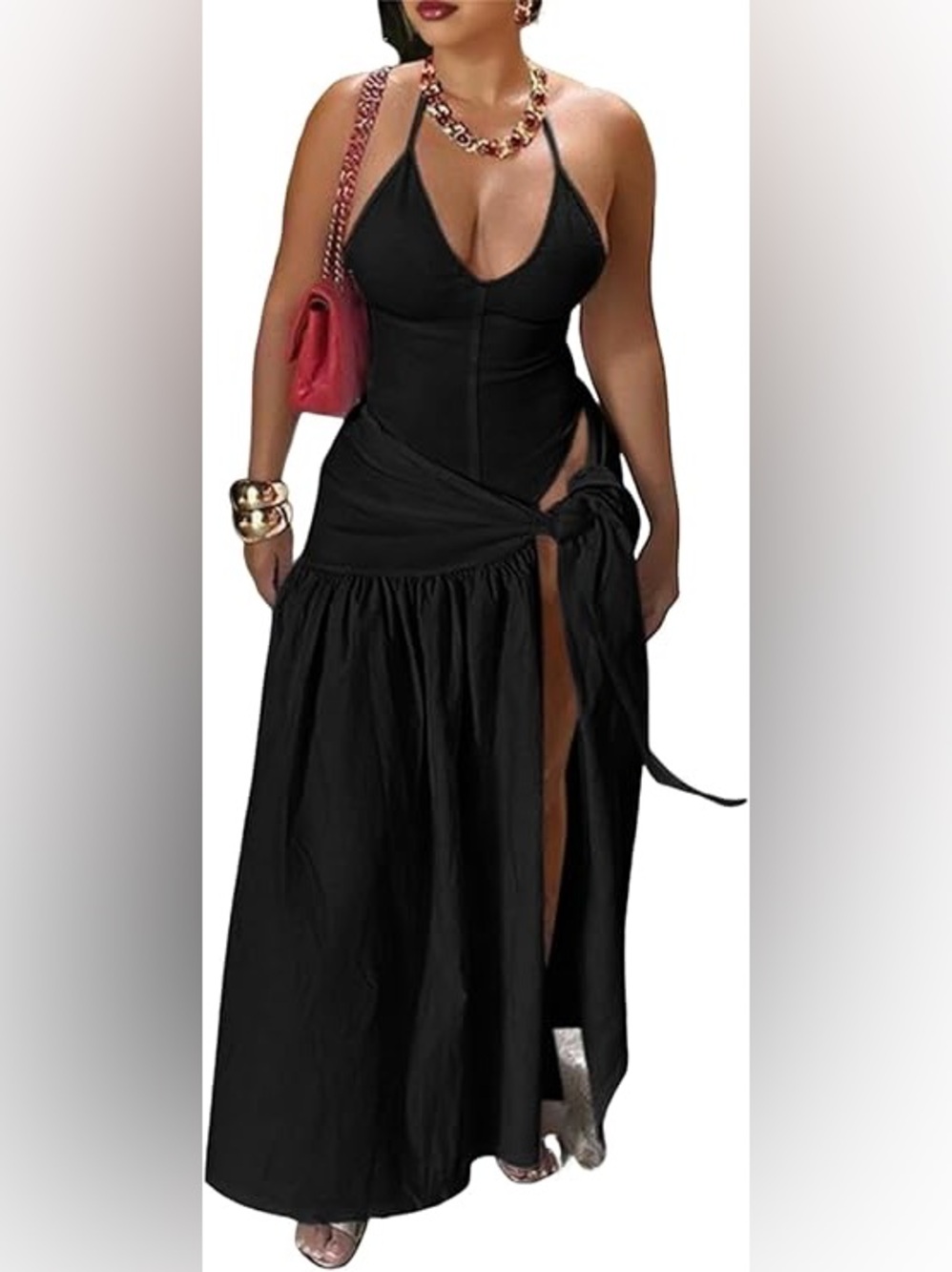Amazon Black Halter Crop Top and High-Slit Maxi Skirt Set